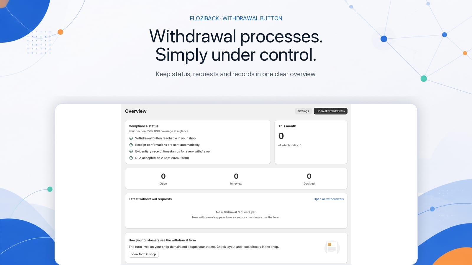 FloziBack-Dashboard mit Compliance-Status und Übersicht der Widerrufe